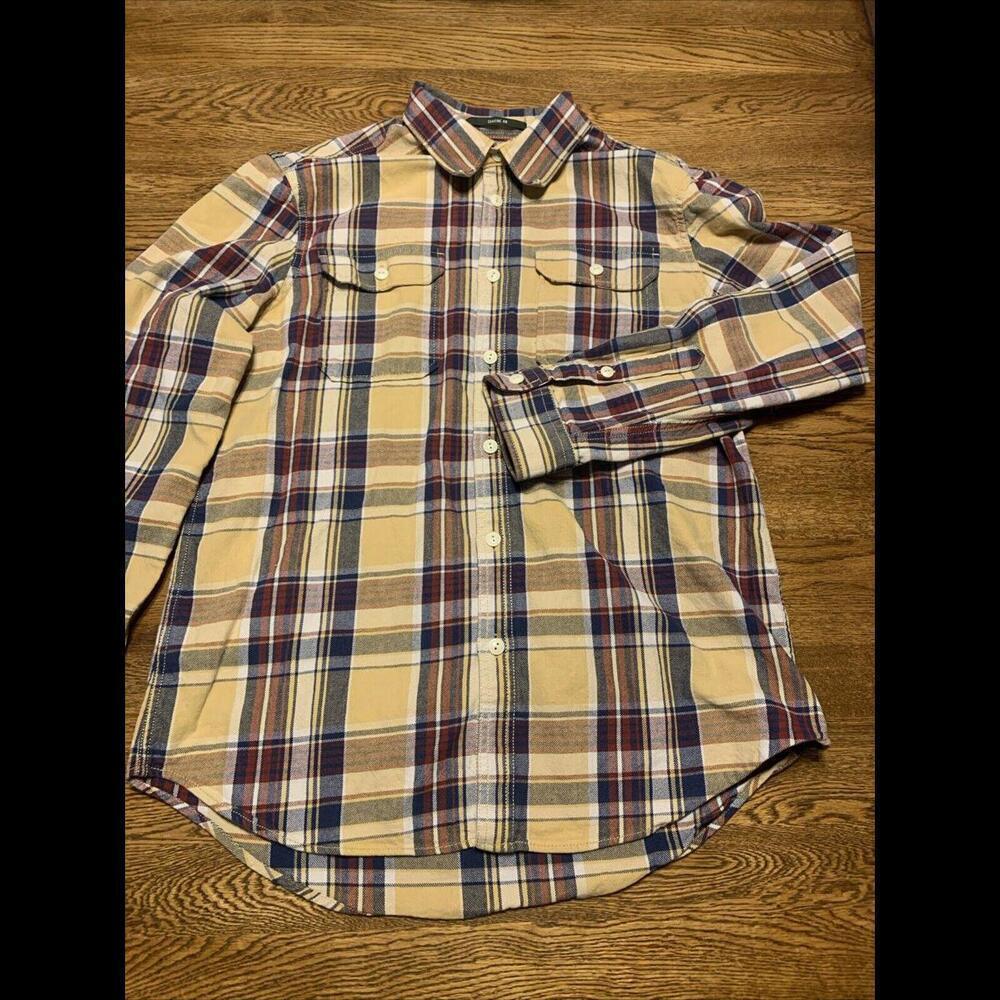 Eddie Bauer Shirt Mens Large Yellow Blue Plaid Long Sleeve Flannel Button Up​​​